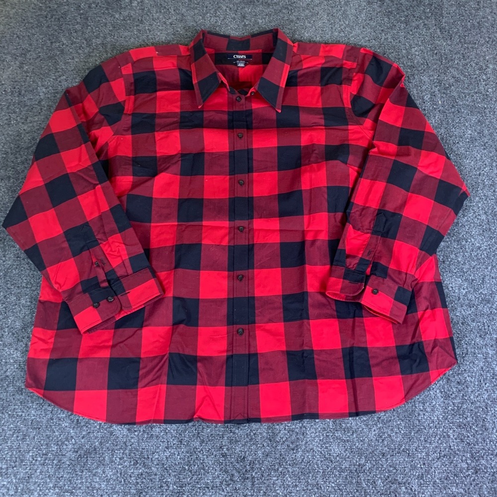 Chaps No Iron Shirt Dress Womens 3X Red Black Buffalo Plaid Cotton Button Up